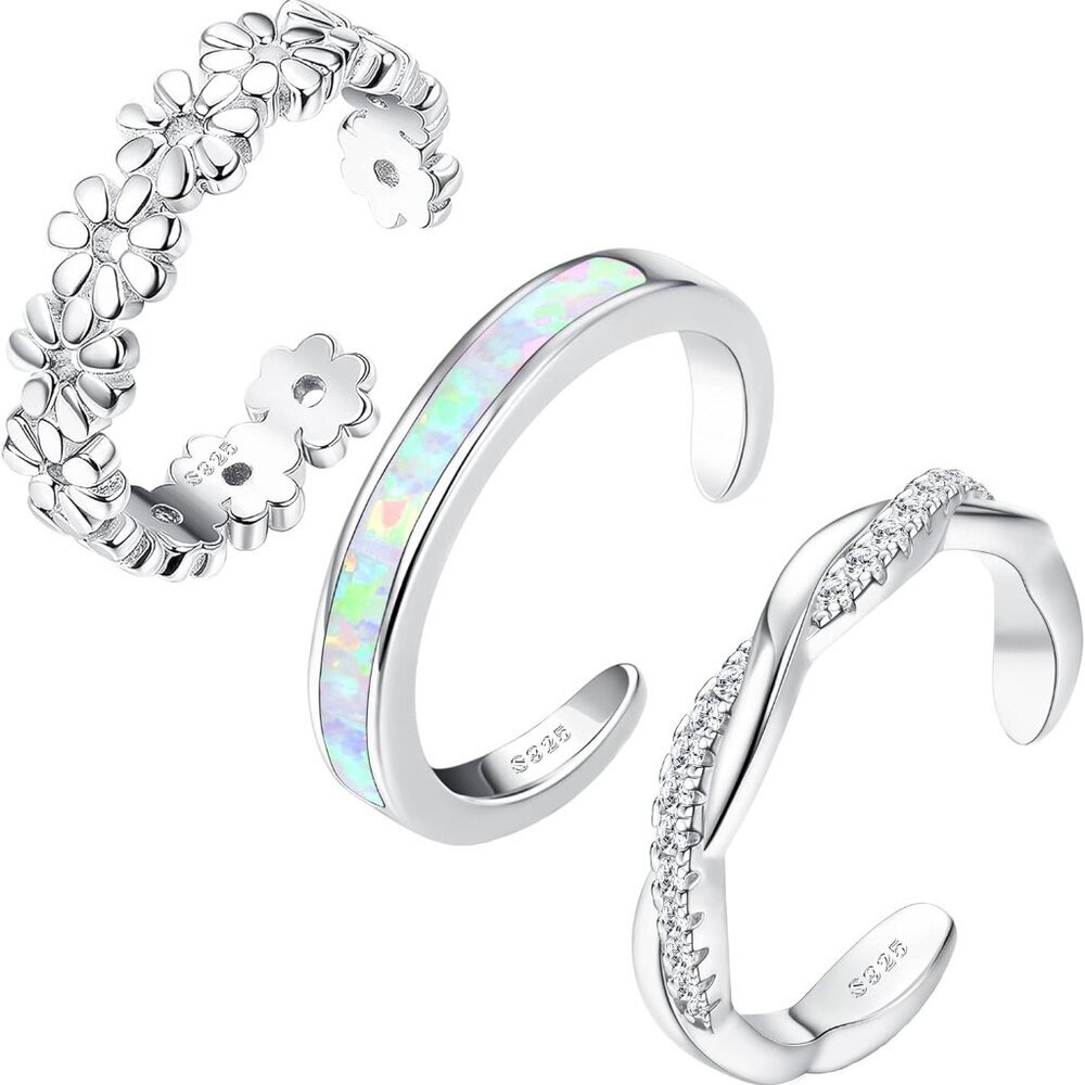 Sterling Silver Toe Rings Set Adjustable 14k White Gold Plated Jewelry